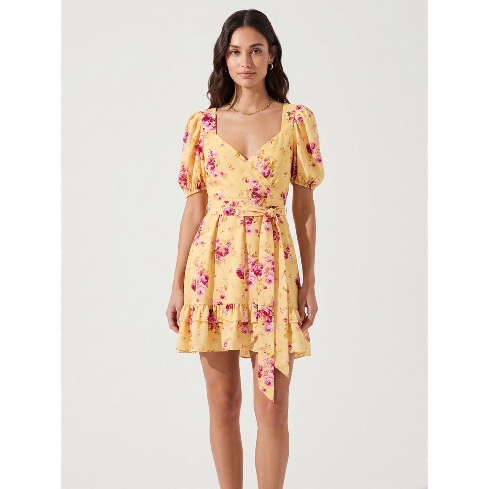 🌸 LIKELY Yellow Floral Mini Dress Puff Sleeve Tiered Ruffle Wrap Front Sz 4